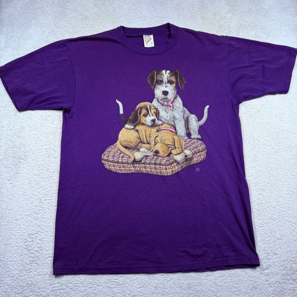 Vintage 90s Jerzees Purple Puppies Graphic T Shirt‎ Large Cute Dogs Made in USA